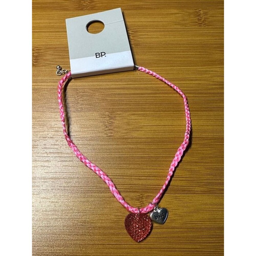 BP. Pink Braided Cord Glitter Heart Best Friends Charm Necklace NWT New Boho